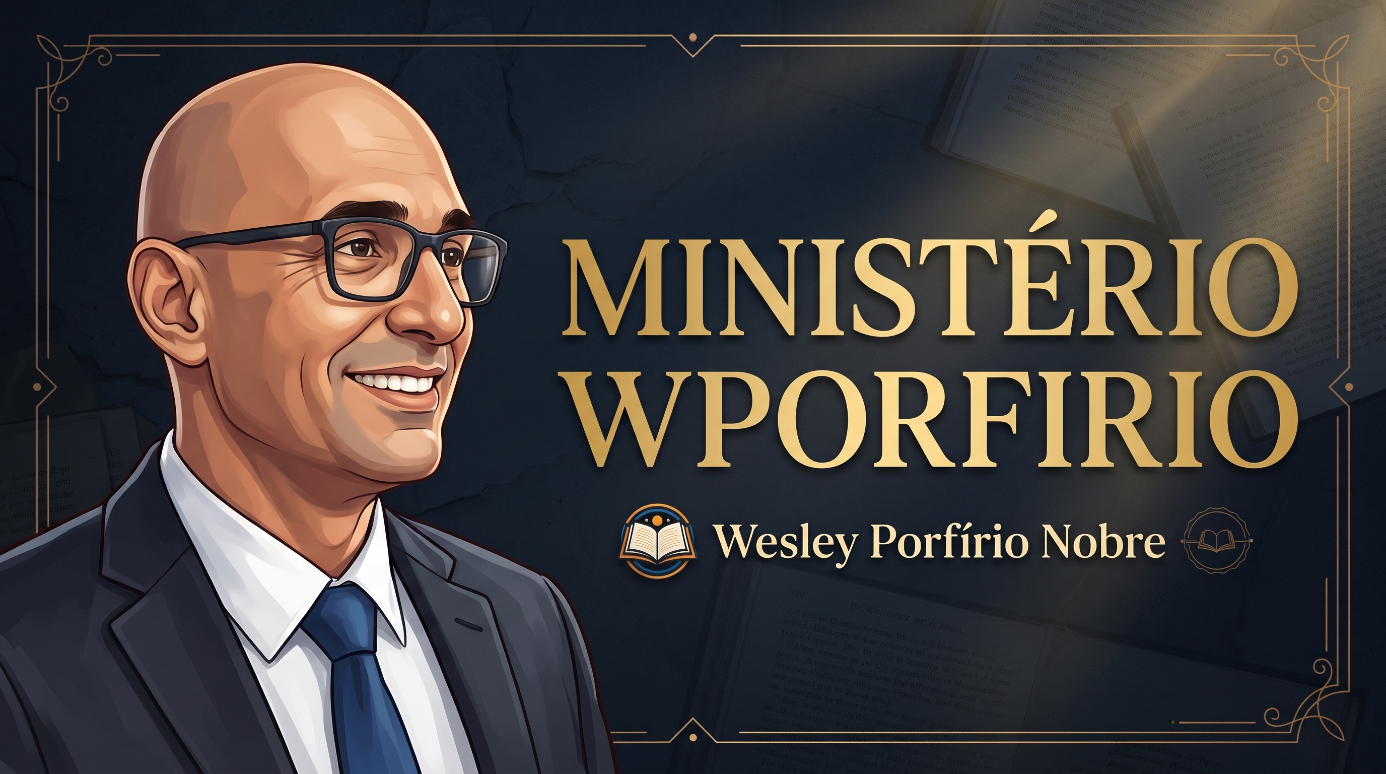 Banner ilustrado fornecido com o retrato de Wesley Porfírio Nobre e a identidade do Ministério WPorfirio